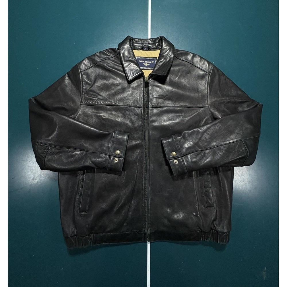 Vintage Dockers Leather Jacket Men's‎ XL Black Full Zip Soft Lambskin Leather